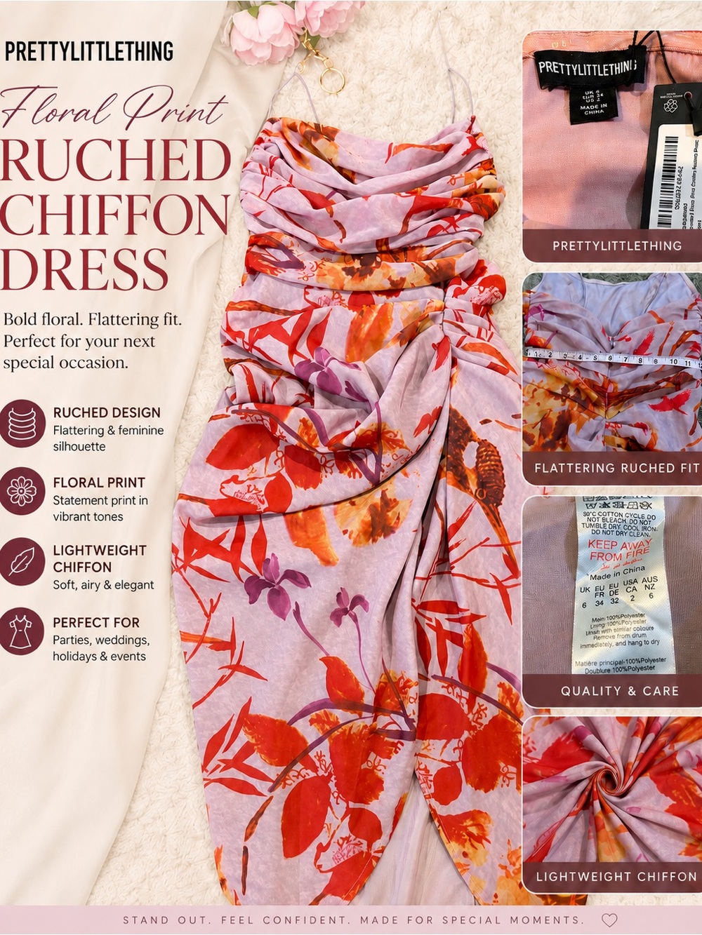 PrettyLittleThing Ruched Dress MIDI Pink Floral Sarong with Red and Orange Print